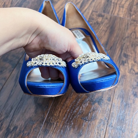 Badgley Mischka • Goodie Peep Toe Pumps satin jeweled Royal Blue Silk crystal - Picture 9 of 13